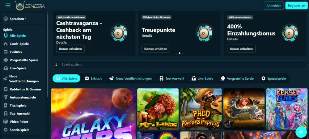 Dendera Casino – 400% Einzahlungsbonus + 100% Cashback-Versicherung für neue Spieler
